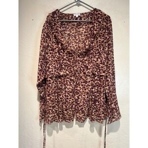 Thread & Clover Womens 1X Leopard Print Ruffle Tie Front Sheer Blouse B79072VIFI